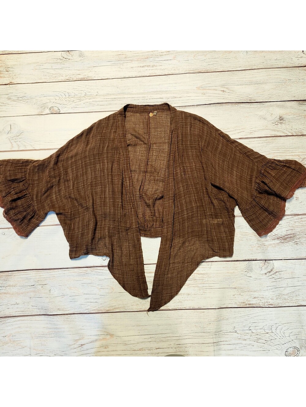 Free People Brown Lightweight Cropped Cardigan Top with Ruffle Sleeves Large
